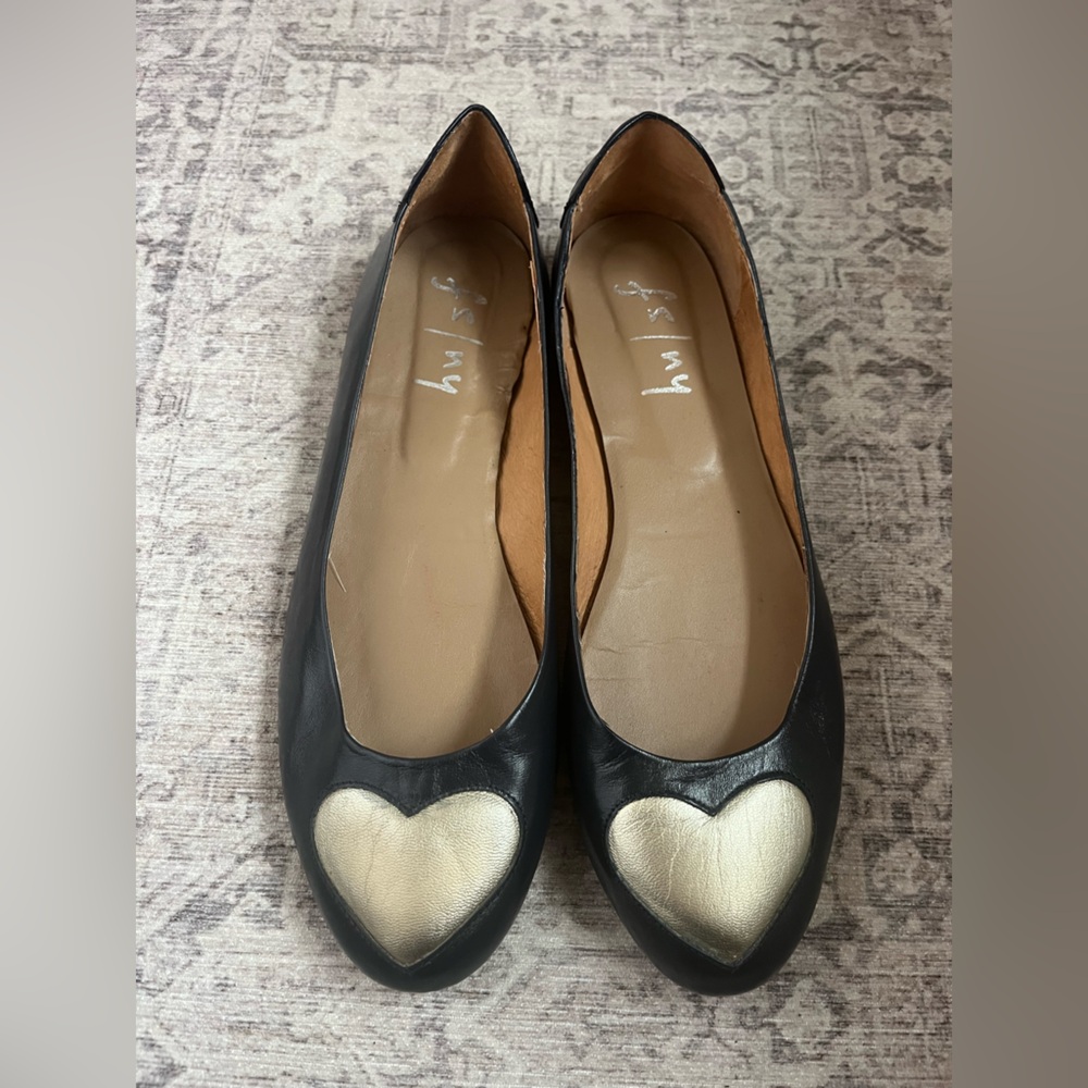 NWOT French Sole Heart Leather Flats - Navy Blue, Gold Metallic Hearts - Size 10